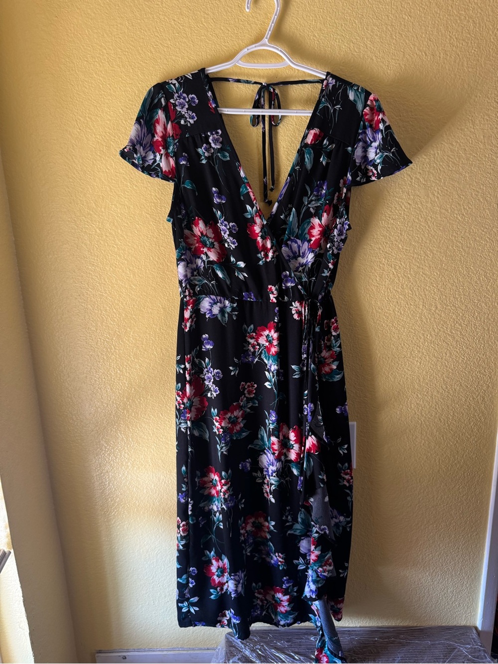 Xhilaration Black Floral V-Neck Midi Dress with Red & Purple Blooms